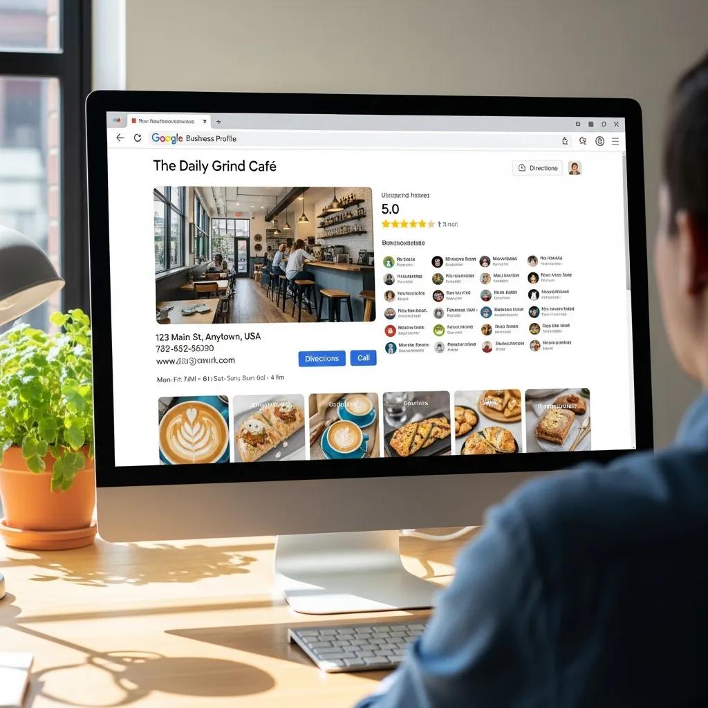 Computer screen showing an optimized Google Business Profile with complete business information and customer reviews