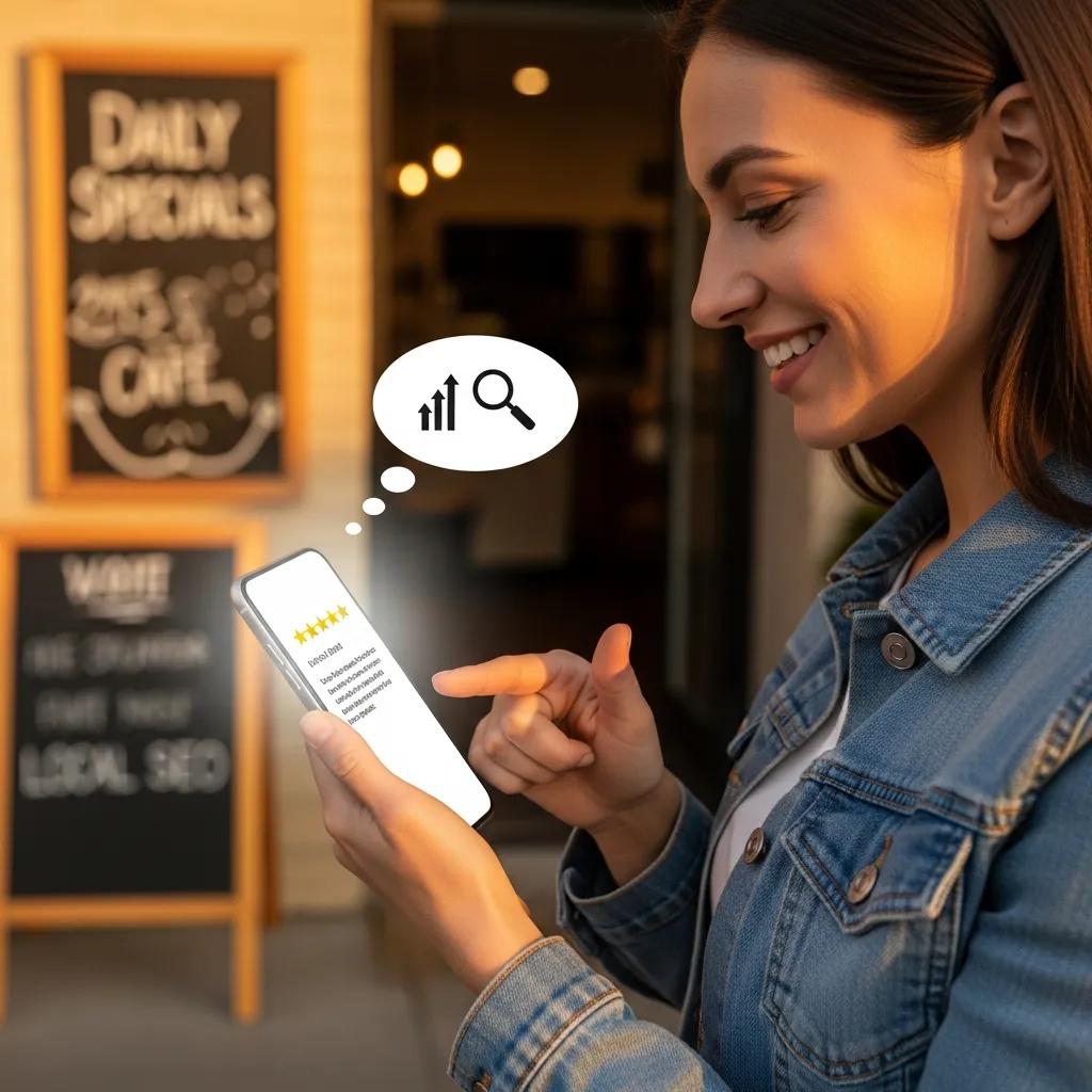 Customer leaving a positive review on a mobile device, illustrating the impact of reviews on local SEO performance