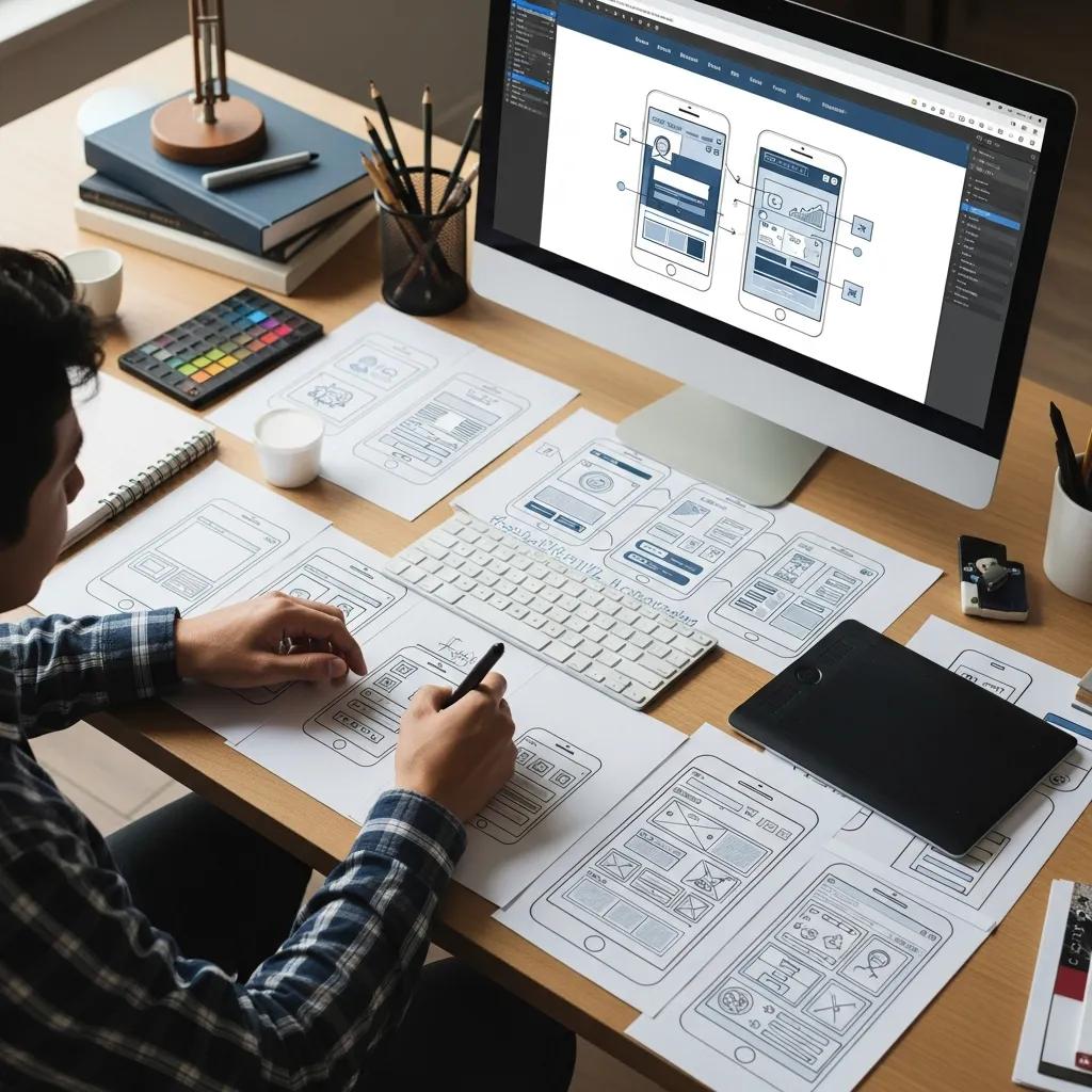 Designer creating mobile-first web layouts with sketches and digital tools, highlighting mobile design principles